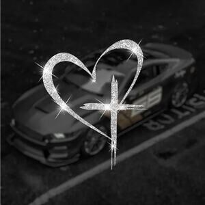 SHINY LOVE CROSS VINYL STICKER - Glitter Heart Cross Decal 4.7" - Faith Sticker